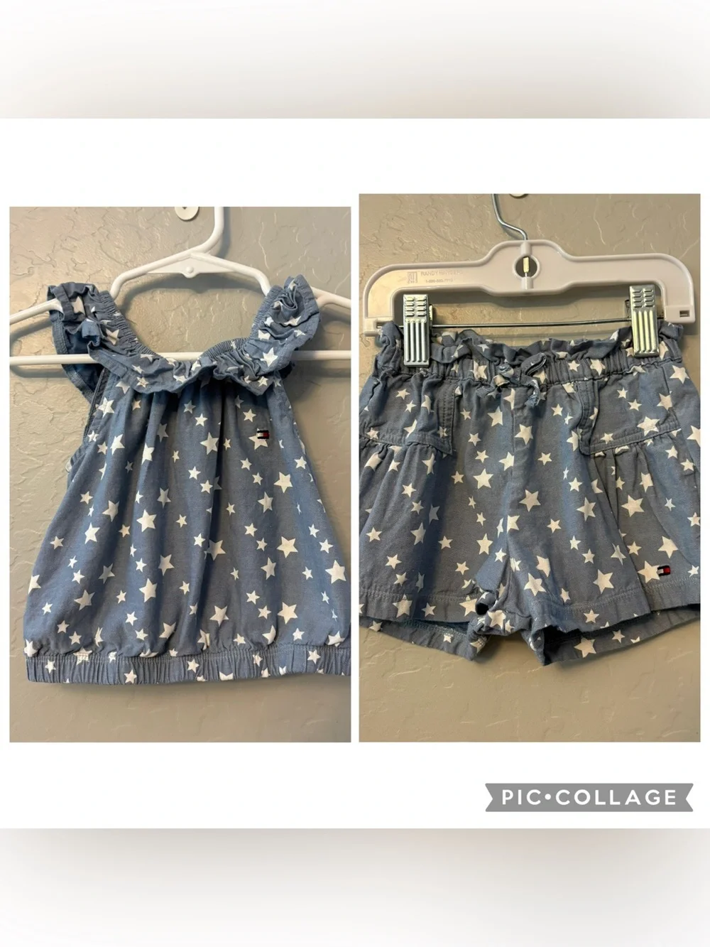 Tommy Hilfiger baby girls chambray with white stars ruffle top/short set 18 mon